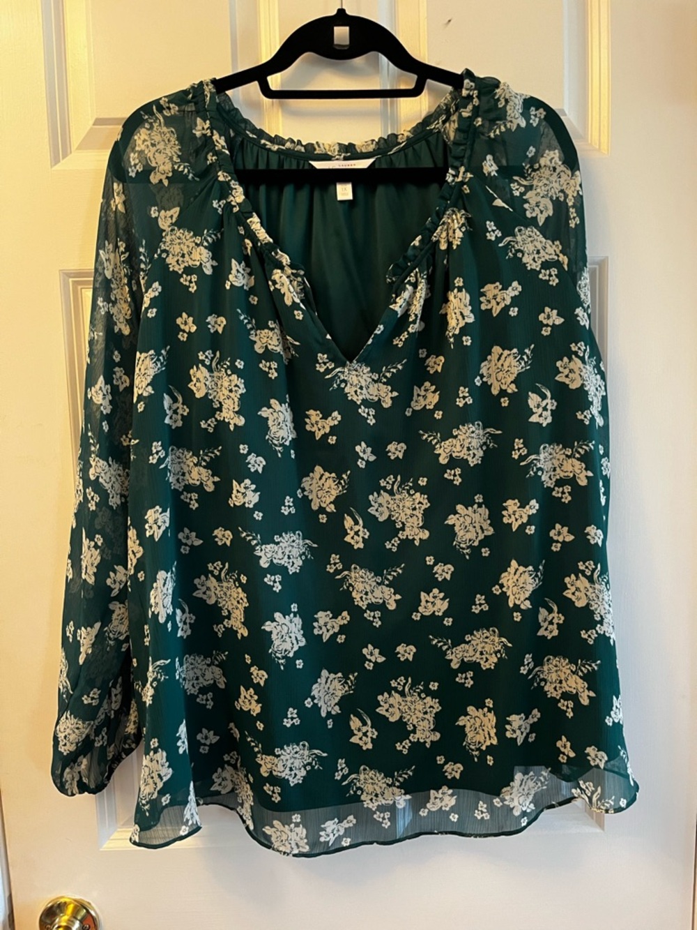 LC Lauren Conrad Dark Green Floral V-Neck Blouse